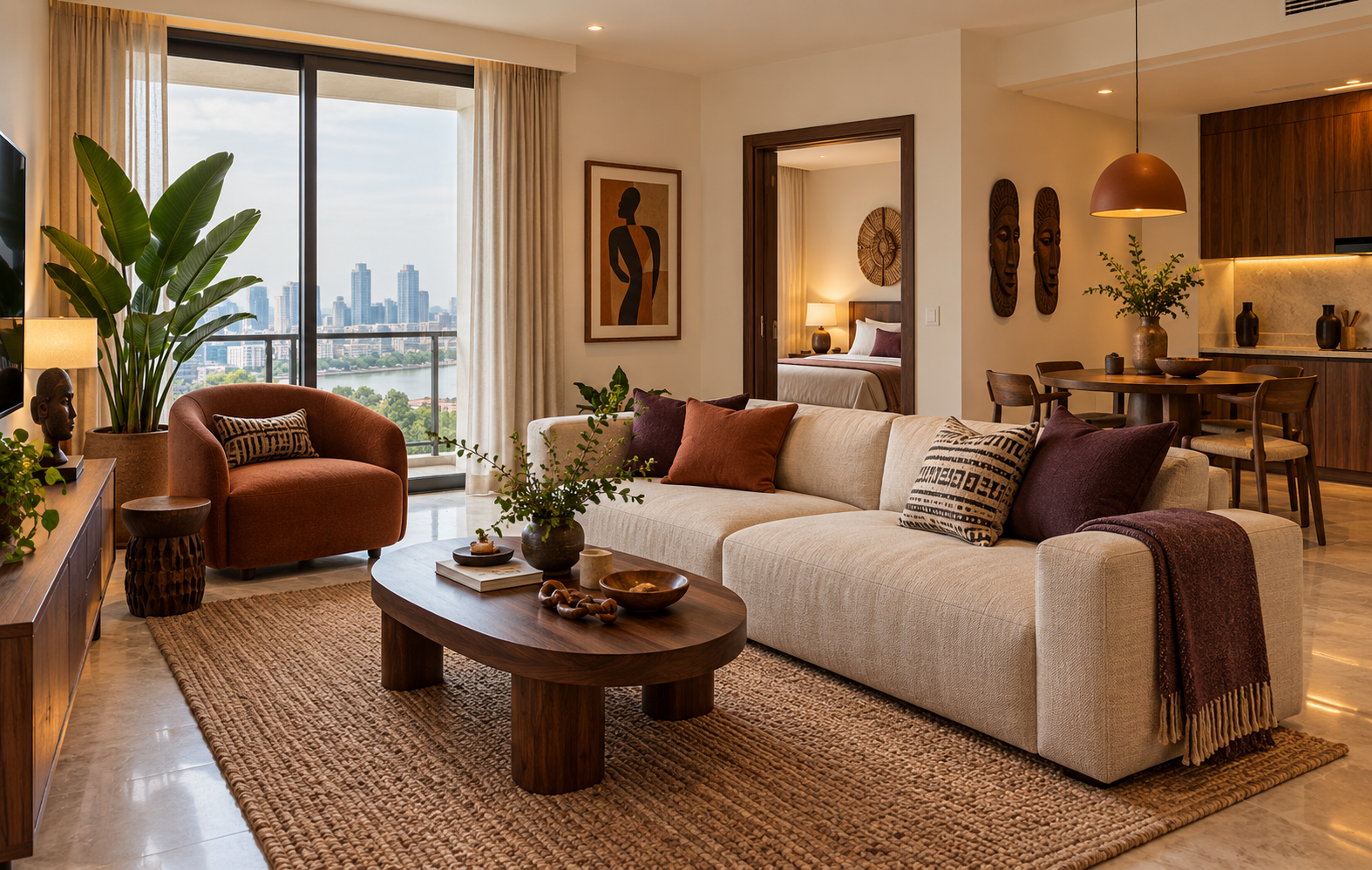 Illustrative guest-ready apartment with layered lighting, warm finishes and clear room layout